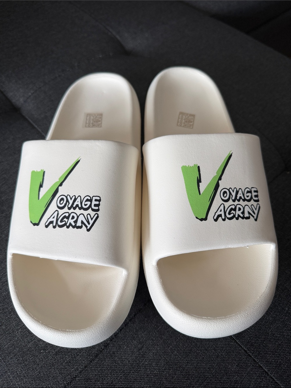 Amazon White Slide Sandals with Green Logo